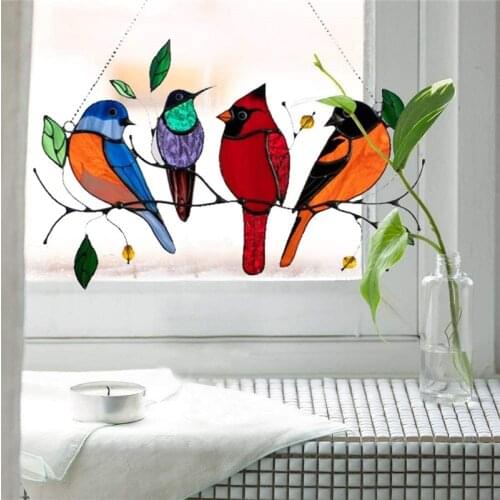 Multicolor Birds on a Wire High Stained Suncatcher Window Panel Bird Series Ornaments Pendant Colorful bird Home Decoration Gift