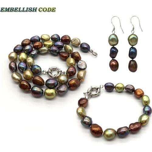 Selling well Amazing necklace earring bracelet set small baroque pearls simple freshwater pearl Peacock blue brown coffee yellow