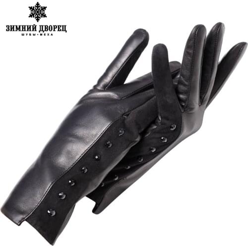 Genuine Leather glove Top Grade gloves female Fashion leather gloves Vintage winter gloves women black Diamond design
