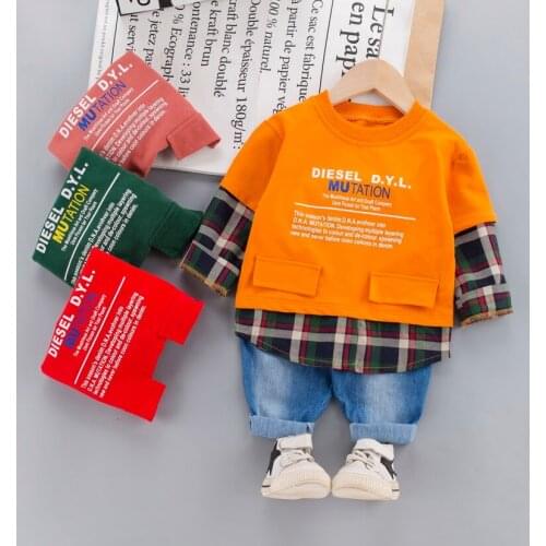 NEW Autumn Casual Kids Toddler Boys Clothes Sets Baby Patchwork Letter Long sleeves Coat Jeans Suits Infant Clothing Outfits