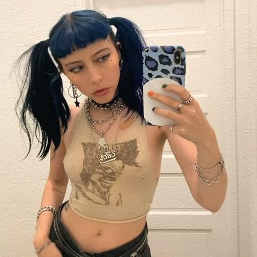 New Womens Chic Scoop Neck Tank Tops Sleeveless Anime Portrait Print Slim Fit Crop Tops Khaki Summer Spring Fall Skin-Friendly