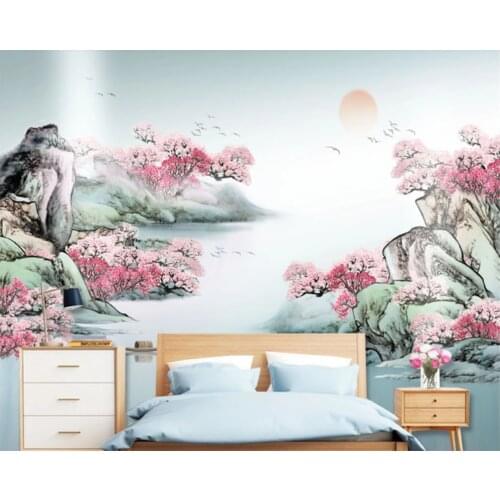 Beibehang Customized modern new Chinese style abstract ink landscape peach blossom TV background bedroom sofa wallpaper
