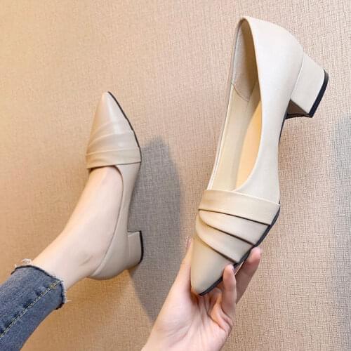 Pointed High Heels 2021 New Spring Single Shoes Womens Mid-heel Soft-soled Leather Shoes Thick Heel Work Womens Shoes
