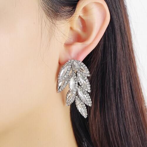 Vintage luxury sparkling crystal leaf earrings,silver color pin long earrings for elegant womens bride earrings wedding jewelry