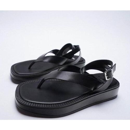 LMCAVASUN Summer Women Shoes Black Flat Leather Fashion Sandals Flip-flop ZA Lace-up Thick-soled Ankle Strap Sandals For Women