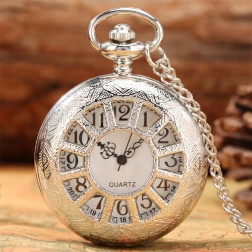 Silver Hollow Wheel Display Quartz Necklace Pocket Watch Vintage Fashion Sweater Chain Pendant Pocket Timepiece Gifts Men Women