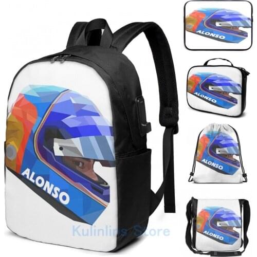 Funny Graphic print Fernando Alonsos Helmet USB Charge Backpack men School bags Women bag Travel laptop bag