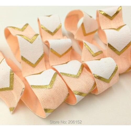 High Quality Chevron Print FOE Elastic 100Y/Lot 5/8" Gold Foil Arrow Print Fold Over Elastic Ribbon for DIY Headwear Peach Color