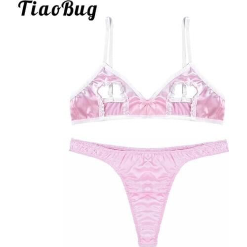 TiaoBug Men Sissy Lingerie Satin Open Cups Bare Nipples Wire-free Bra with Thongs Male Crossdressing Erotic Gay Sexy Underwear