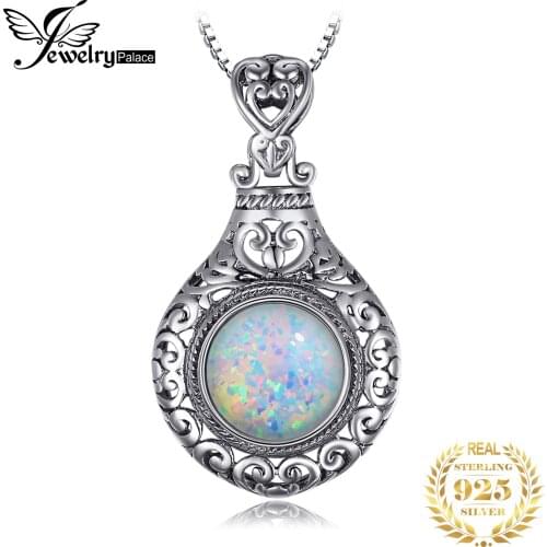 JewelryPalace Vintage 2.5ct Round Cabochon Created Opal Carving Heart Pendant Necklace 925 Sterling Silver Jewelry Without Chain