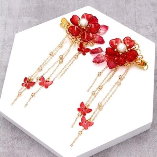 Girls New Hanfu cheongsam tassel hairpin Red Flower Pair Of Clips Step shake Headdress Hair Ornaments Classical hair accessories