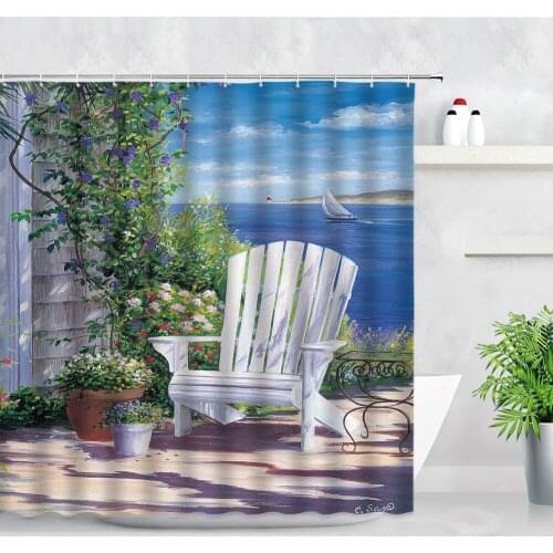 Ocean Flower Shower Curtains Green Plants Garden Scenery Mediterranean Style Waterproof Fabric Bathroom Decor Hooks Curtain Sets