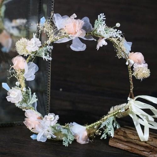 Women Cute Plastic Flower Pearl Garland Handmade Ribbon Bride Headband Wedding Party Floral Bridesmaid Hair Ornaments BH