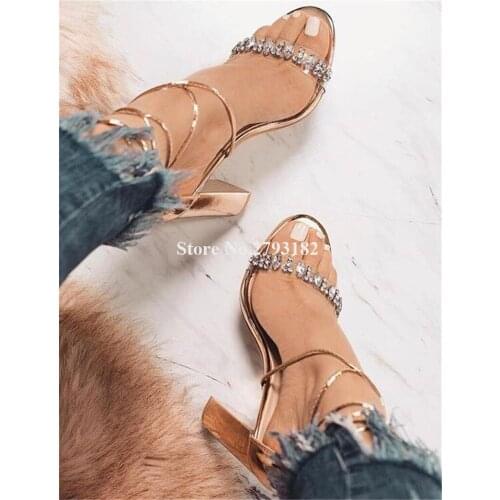 Women Luxurious Fashion Open Toe Chunky Heel PVC Rhinestone Sandals Lace-up Crystal Thick High Heel Sandals Wedding Dress Heels