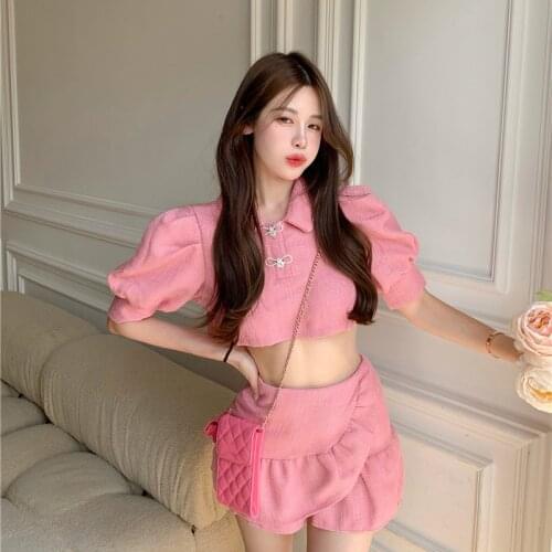 Summer Korean Sweet Skirt Suits Women Outfits Short Peter pan Collar Crop Top +High Waist Mini Skirt Set Girls Fashion 2pcs Sets