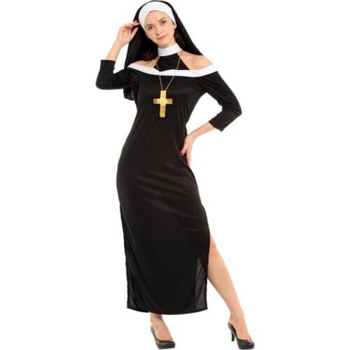 JEMMA LEONG Medieval Nun Cosplay Halloween Costumes For Women Fancy Dress Ball Canoness Clergywoman Performance Show Tight Dress