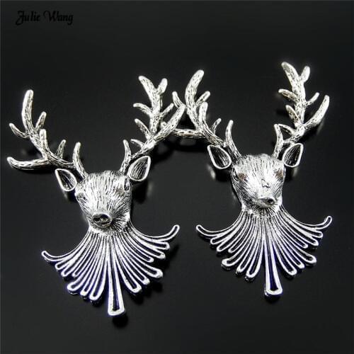 Julie Wang 4pcs Antique Silver Color Animal Reindeer Head Charms Xmas Hanging Pendants Necklace Jewelry DIY Accessories