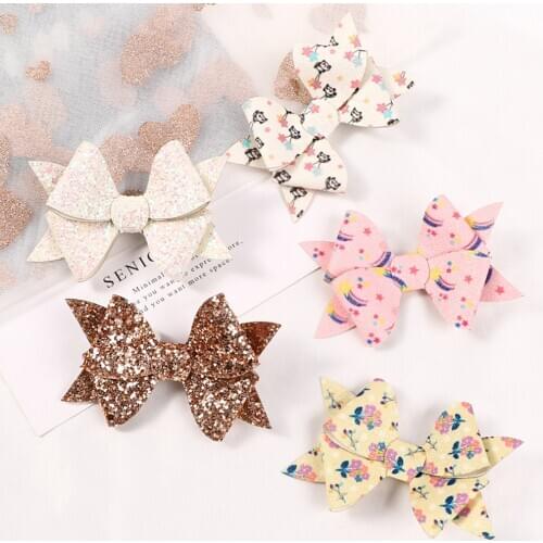 1 PC Glitter Bowknot Hairclip Flora Print Sequined Faux-Leather Bow Barrettes Full Lined Kawai Hair Accessories For Baby Girls