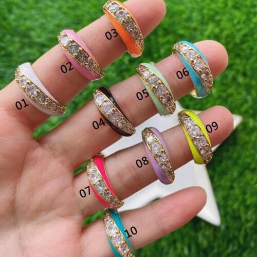 10PCS, Neon Enamel Gold Color Ring Sparking Bling Clear CZ Paved Adjusted Women Finger Rings