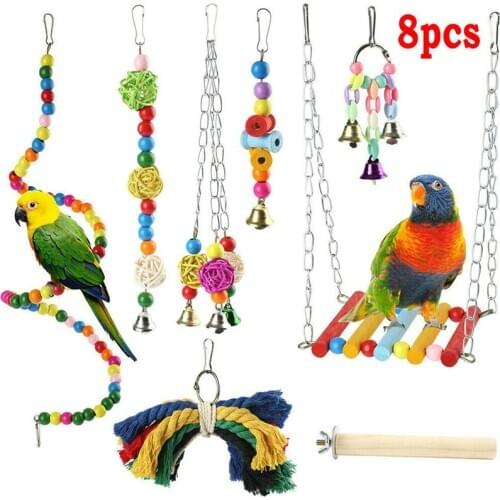 8PCS/Set Combination Parrot Toy Bird Articles Parrot Bite Toy Bird Toys Parrot Funny Swing Ball Bell Standing Training Toys