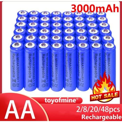 2/8/20/48pcs AA battery Rechargeable NI-MH 3000mAh 1.2V Blue battery Bulk Nickel Hydride
