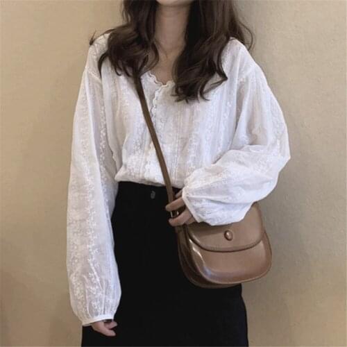 White Blouses Women Solid V-Neck Simple Ladies Shirts All-match Leisure Autumn Fashion Korean Style Large Size 3XL ZY6013