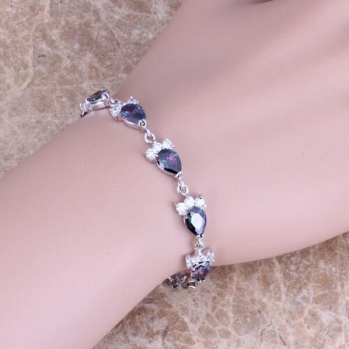 Rainbow Mystic & White CZ Silver Plated Link Chain Bracelet 6 - 8 inch S0394