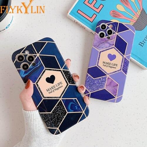 Love Heart Geometric Marble Phone Case For iPhone 11 Pro 12 mini Max XS Max X XR 8 7 Plus SE 2020 Shockproof Soft Silicone Cover
