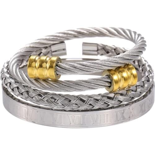 Hip Hop Men Titanium Steel Roman Numeral Bracelet Bangle Sets Horseshoe Buckle Bangles Pulseira Bileklik Luxury Handmade Jewelry