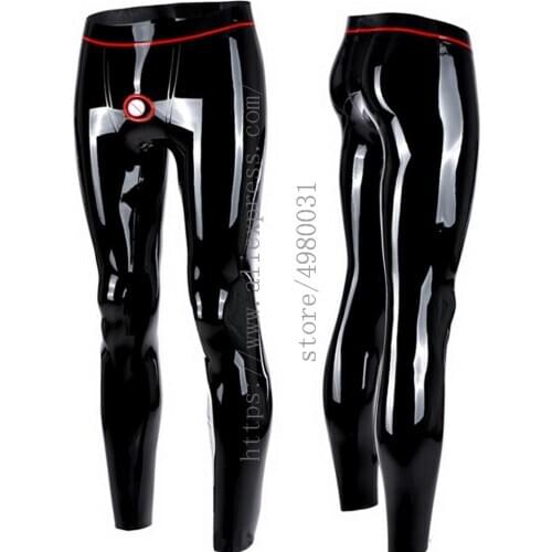 Cool latex pants men with penis hole black leggings made of 0.4mm thickness natural latex materirals