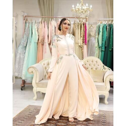 Jumpsuit prom dresses 2021 crew neck long sleeve panty white embroidery beading crystal long evening dresses gowns