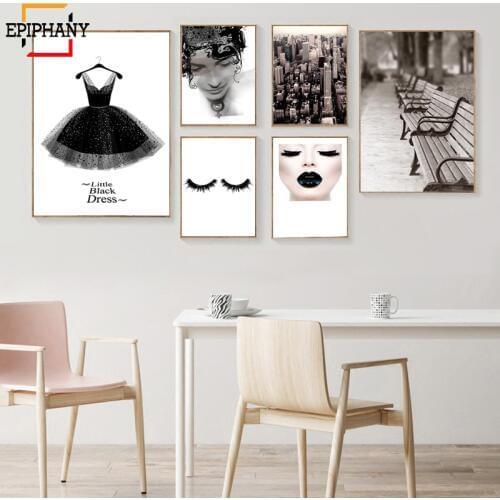 Fashion Girl Poster Black and Whtie Eyelash Dress Canvas Wall Art Print Nordic Painting Modern Wall Pictures for Living Room