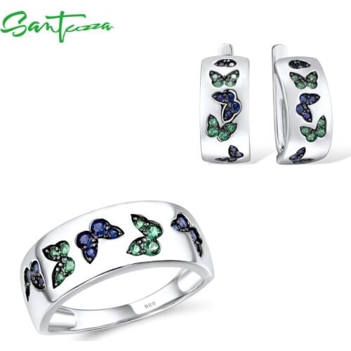 SANTUZZA Jewelry Set For Women Pure 925 Sterling Silver Sparkling Green Spinel Delicate Butterfly Earrings Ring Set Fine Jewelry