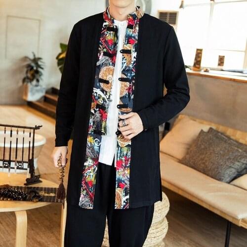 2021 New Chinese Style Mens Tops Tang Suit Linen Long Sleeve Solid Robe Cardigan Jacket Oversized Kimono Ancient Coat Male 31155