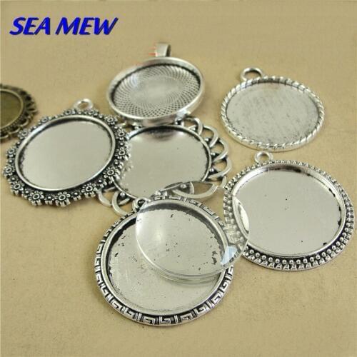 SEA MEW Mixed 30mm Round Cabochon Base Antique Silver Color Pendant Setting Vintage Style Alloy Pendant Base Settings 500g