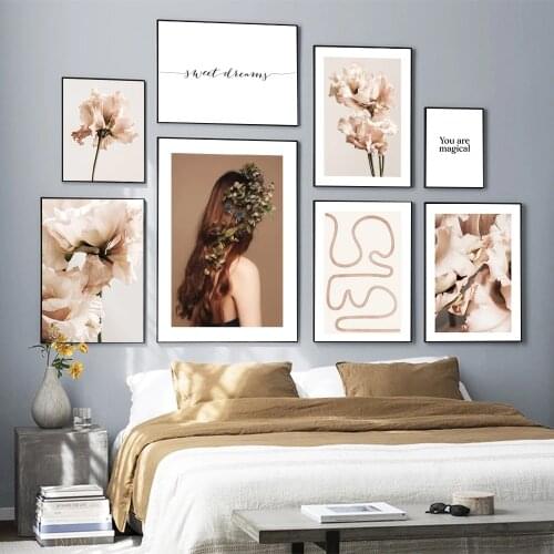 Nordic Pink Peony Roses Poster Prins Flowers Woman Canvas Painting Wall Art Quote Pictures For Living Room Modern Home Decor