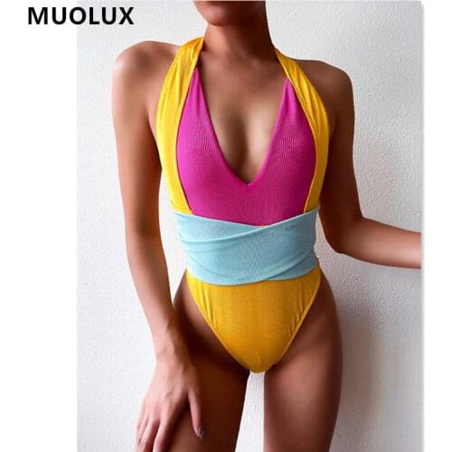 String One Piece Swimsuit Patchwork V Neck Swimwear Female Backless Bodysuit Bathing Suit Sexy Monokini Beach Wear Biuqini