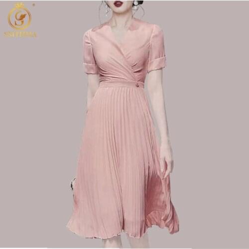 SMTHMA 2021 New Arrival Short Sleeve Summer Chiffon Dress Womens Fashion Pink Casual Pleated Dress Vestidos