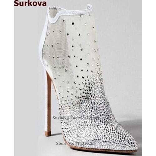 Surkova White Patchwork Mesh Crystal Ankle Boots Bling Bling Rhinestone Decorated Bride Dress Shoes Luxury Thin Heel Booties