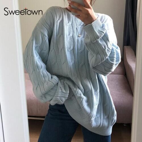 Sweetown Geometric Pattern Long Sleeve Knitted Sweater Women Solid Knit Jumpers Oversized Knitwear Autumn Blue Pullovers