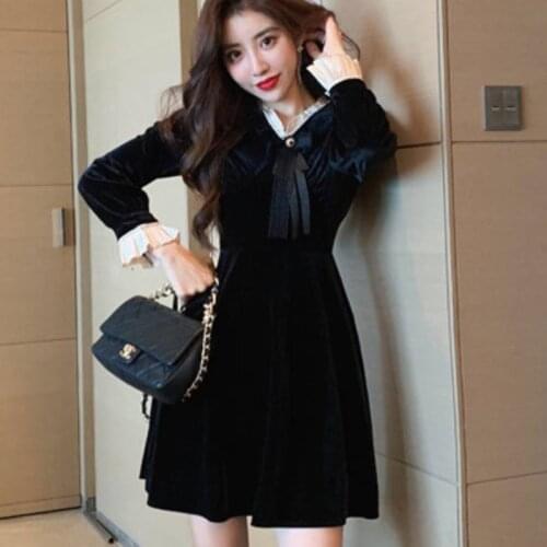 One-Piece New Korean Retro Gold Velvet Waist Is Thin, Small Black Skirt Temperament High-End Dress Spring TOP