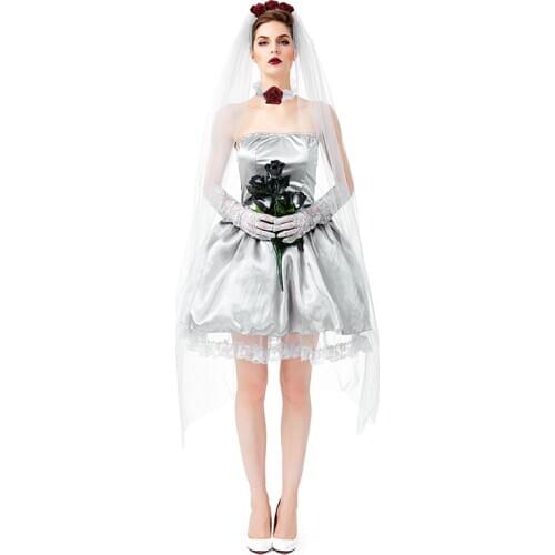 Adult Women Halloween Ghost Bride Costume Zombie Bride Strapless Fancy Tutu Dress Carnival Horror Ghost Dead Corpse Bride Dress