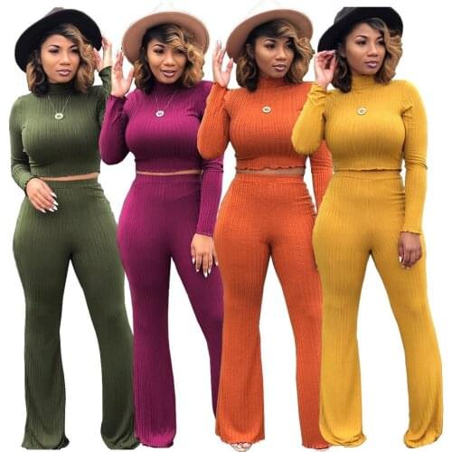 2020 Winter Womens Pit Strip Sexy Cropped Turtleneck Two-piece Long-sleeved Top + Wide-leg Pants Fashion Warm Two-piece Sweater