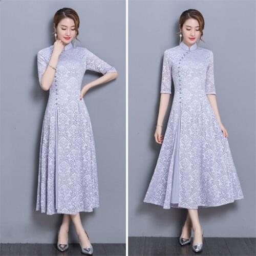 Woman Vintage Ao Dai Oriental Elegant Vietnam Traditional Dress 8Colors Stand Collar Asian Graceful Half Sleeve Swing Cheongsam