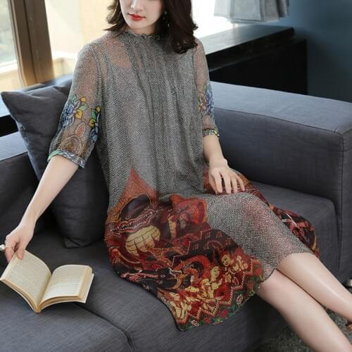 2018 Spring Summer Elegant Loose Plus Size 3XL Vintage Floral Dresses Grey Shirred Collar Women Chiffon Dress Vestidos Mujer