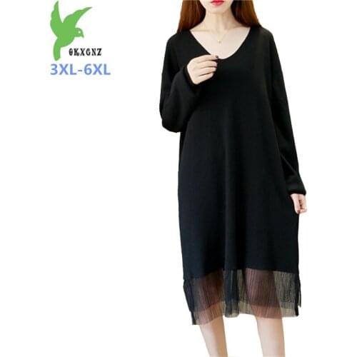 2020 New Oversized Knit Dress Women Spring Autumn Mesh Splice Long sleeve Pullover Dresses 3XL-6XL Black Loose Long Dresses G833