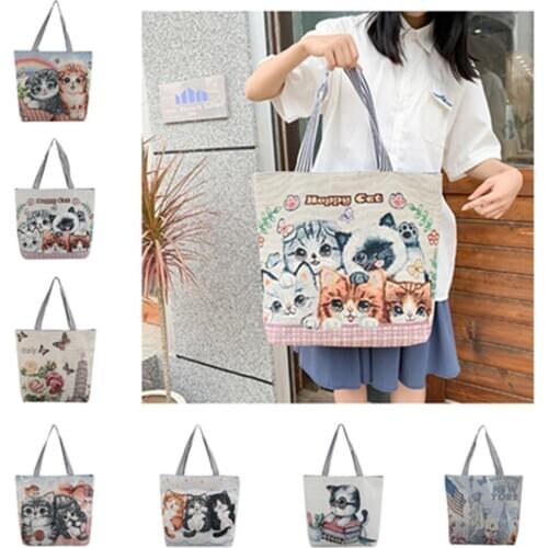 1PC Fashion Oil Painting Cat Print Womens Designer Tote Linen Reusable Shopping Bag Groceries Shoulder Bags