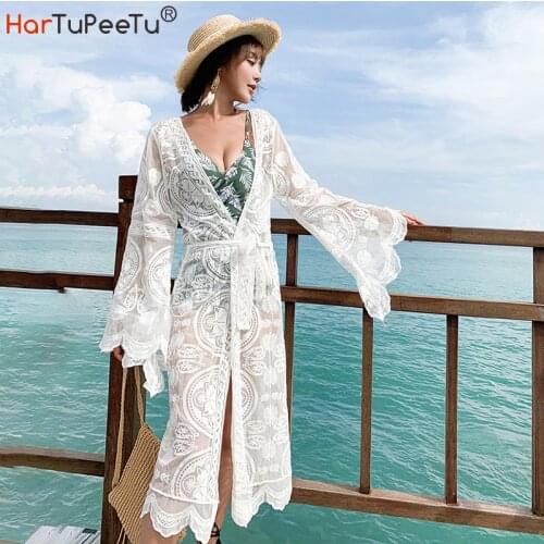 Plus Size White Beach Dress Bandage Tunic Women Summer 2021 Flare Sleeve Loose Bikini Cover Ups Cotton Lace Sun Block Long Cape