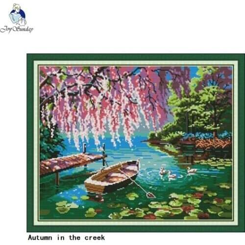 JoySunday oil painting Autumn in the creek scenery pattern cross stitch kit 14ct 11ct needlework embroidery set home decoration