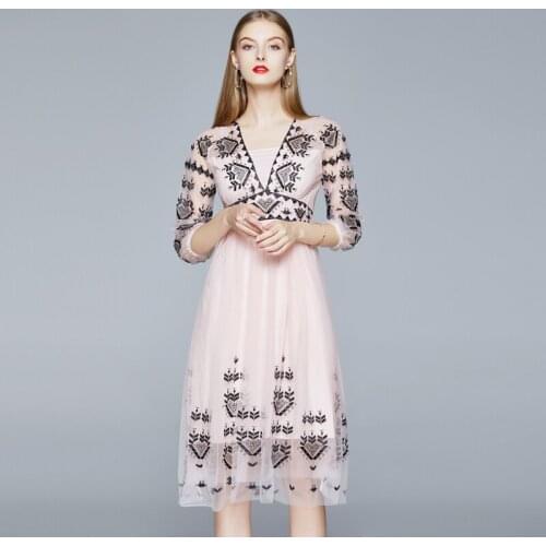 JSXDHK High Quality Women V Neck Mesh Dress New Spring Summer Floral Embridery Pink Half Sleeve Vintage Slim Waist A Line Dress